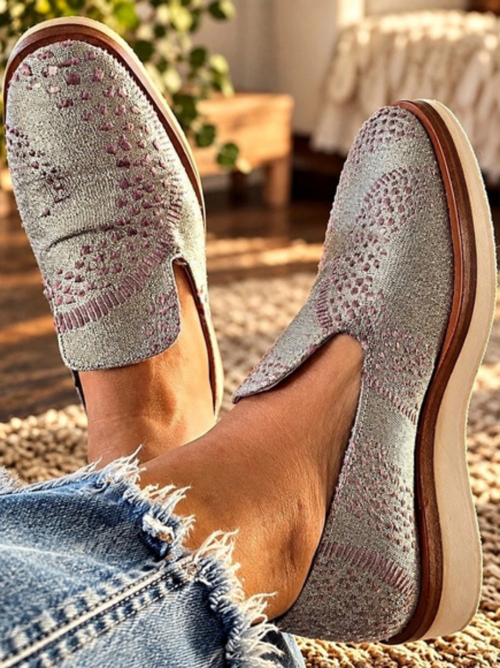 Free People Metallic Embroidered Platform Loafers Slip On Shoes Size 38 Boho